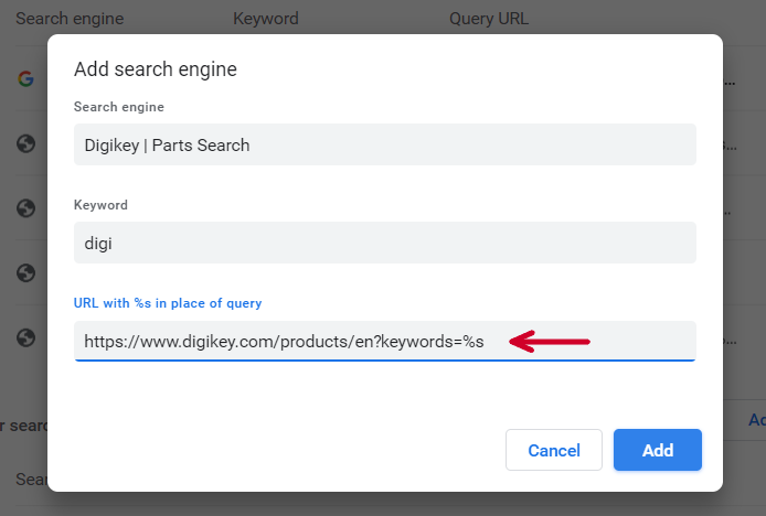 Chrome setting search engine keyword